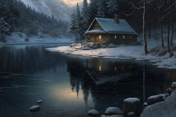 A Snow-Covered Environment with a Wood Cabin Reflected in a Pond Generative AI