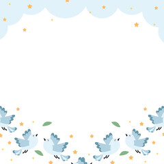 Frame with flying birds and leaf, Cute birds banner.