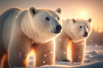 Polar bear at antarctica on sunset sky abstract background. Animal and nature environment concept. Generative ai