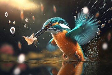 Naklejka na ściany i meble Beautiful kingfisher catching a fish in cinematic lighting and close-up zoom, generative ai