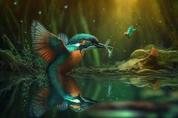 Obraz premium Beautiful kingfisher catching a fish in cinematic lighting and close-up zoom, generative ai
