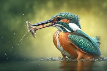 Beautiful kingfisher catching a fish in cinematic lighting and close-up zoom, generative ai
