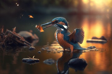 Beautiful kingfisher catching a fish in cinematic lighting and close-up zoom, generative ai