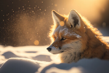 Fototapeta premium Fox at snow on sunset sky abstract background. Animal and nature environment concept. Generative ai