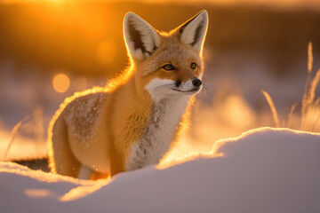 Fox at snow on sunset sky abstract background. Animal and nature environment concept. Generative ai