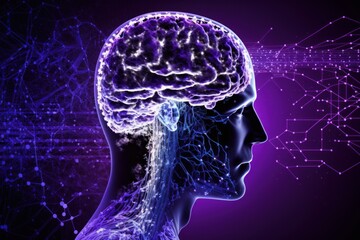 human thinking head with brain cells connection with data and digital screen, artificial intelligence technology connection, on purple background, generative ai