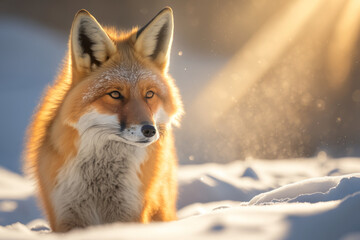 Naklejka na ściany i meble Fox at snow on sunset sky abstract background. Animal and nature environment concept. Generative ai