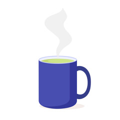 Porcelain blue mug. Mug of green tea with steam. Vector illustration in a flat style.