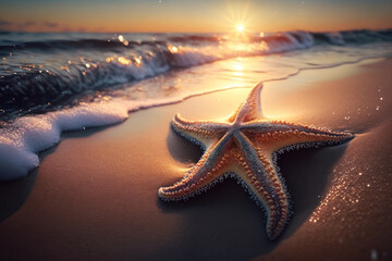 Fototapeta na wymiar Starfish on sand beach and wave ocean with sunset sky abstract background. Generative ai