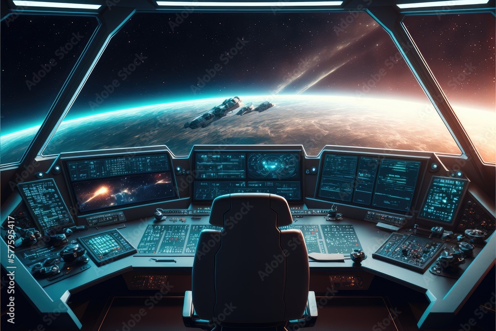 Wall mural outer view of spaceship window with control system room. abstract discover new planet in space. fine