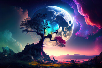 Bright full moon behind the silhouette tree on the fairyland background. Fantasy and art concept. Generative AI