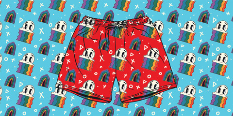 Flat 90s retro pattern mockup for beach pants.