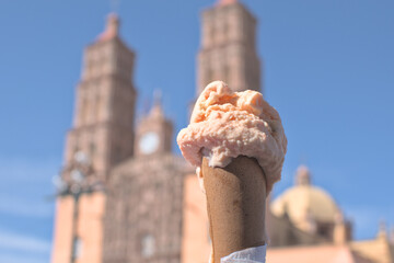 Ice cream cone in Dolores Hidalgo, Guanajuato. Tourism concept.