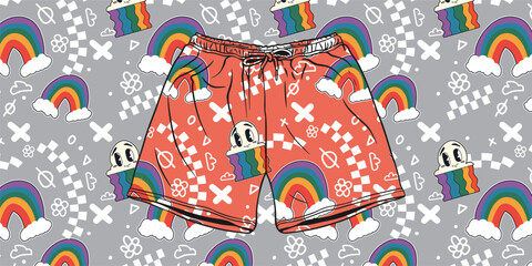 Flat 90s retro pattern mockup for beach pants.