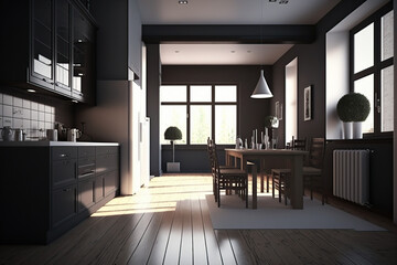 Fototapeta na wymiar Modern kitchen features, artificial light, wooden floors for luxury apartments generative AI tools.