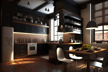 Modern kitchen features, artificial light, wooden floors for luxury apartments generative AI tools.