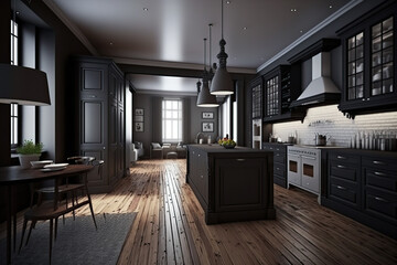 Modern kitchen features, artificial light, wooden floors for luxury apartments generative AI tools.