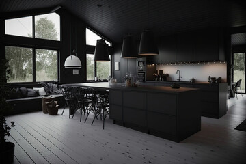 Modern kitchen features, artificial light, wooden floors for luxury apartments generative AI tools.