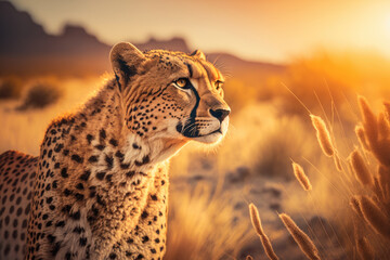 Cheetah at savanna on sunset sky abstract background. Animal and nature environment concept. Generative ai