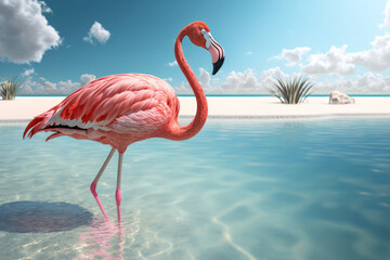 Flamingo walking on tropical beach with blue sky white clouds abstract background. Nature environment and animal concept. Generative ai