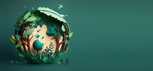 Green world paper cute style with Copy space, Earth day banner and World Environment day concept. Generative Ai
