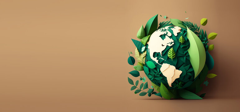 Green world paper cute style with Copy space, Earth day banner and World Environment day concept. Generative Ai