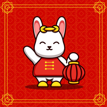 Illustration of a cute bunny waving and holding a lantern Illustration of a cute rabbit in Chinese, Mascot Cartoon Character