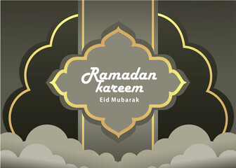 illustration of a happy ramadan greeting card design, eid mubarak poster, in gray with a list of objects in gold