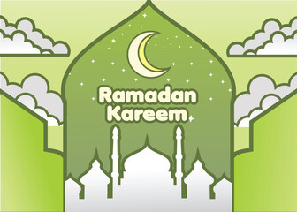 illustration of Ramadan Kareem poster with green batik, there are silhouettes of mosques, walls and clouds as well as moon and stars