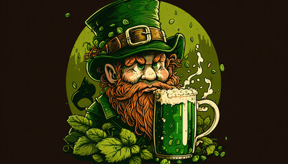 St.Patrick's Day celebration flat anime style background. Leprechaun man in green hat with green beer Generative ai