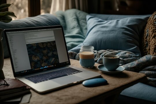 Cozy workspace for remote work with laptop, notebook, and coffee mug, generative ai