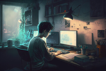 Young Asian serious programmer working alone at home, 3D render, lofi