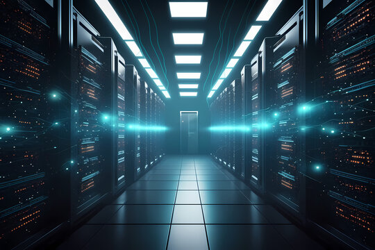 network servers cloud service data center room storage systems futuristic 3D rendering, SaaS
