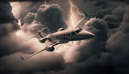 Airplane flying through storm clouds with lightning. Private jet catastrophe generate ai
