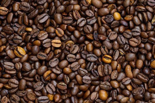 Roasted dark coffee beans background. Multi color