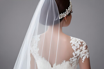 Close up detail a bride from behind in a white wedding dress.