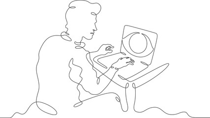 One continuous line.  Eye on laptop screen. Open laptop. All-seeing eye. Man behind a laptop. One continuous line drawn isolated, white background.