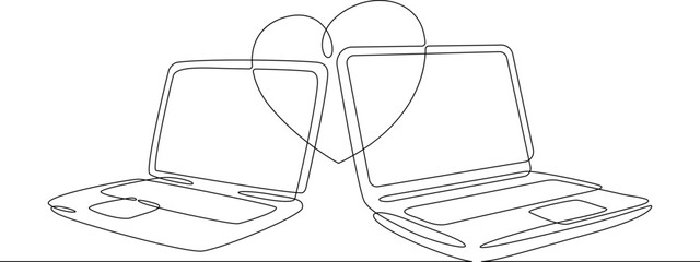 One continuous line. Heart on laptop screen.Open laptop.Heart.Symbol of love. One continuous line drawn isolated, white background.