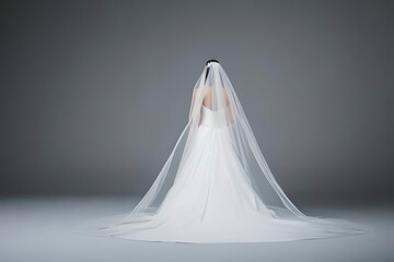 A bride from behind in a white full wedding long dress in a studio, isolated on gray background.