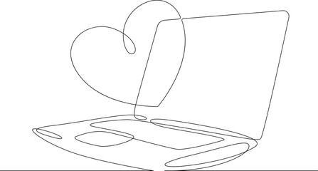 Fototapeta na wymiar One continuous line. Heart on laptop screen.Open laptop.Heart.Symbol of love. One continuous line drawn isolated, white background.