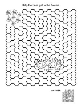 Maze game and coloring page: Help the bees get to the flowers. Answer included.
