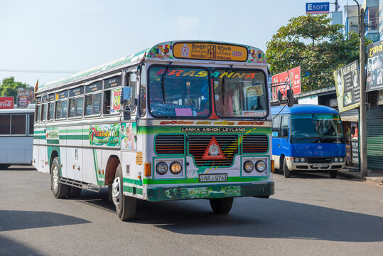 NEGOMBO, SRI LANKA - FEBRUARY 03, 2020: Intercity bus number 251 Negombo-Mirigama on the bus station on a sunny morning