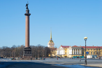 Fototapeta na wymiar View of the old Alexander Column and the Admiralty building on a sunny April day. Palace Square, Saint Petersburg