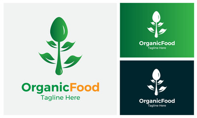 Organic Food Logo Design Template With Leaf and spoon.