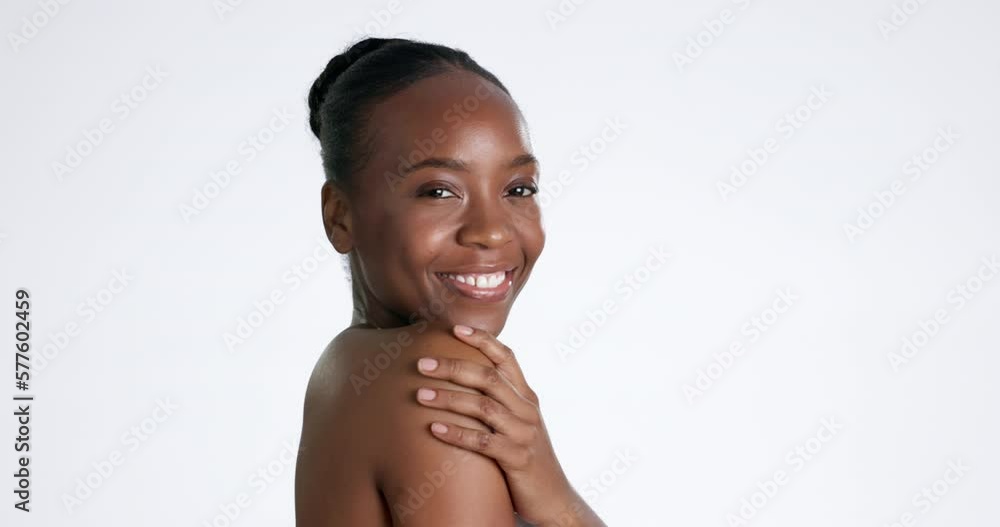 Poster Black woman, face and happy with skincare, beauty and healthy skin glow isolated on white background. Natural cosmetics, dermatology and female with smile, cosmetic care and mockup space in portrait