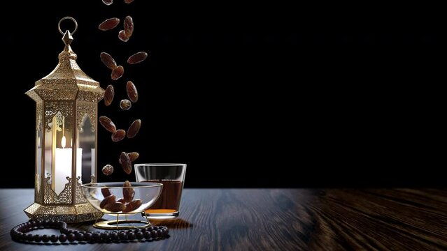 The Food of Ramadan. Cup of Tea, dates, dried fruits, sweets. Eid &ndash; Islamic holiday. Iftar table