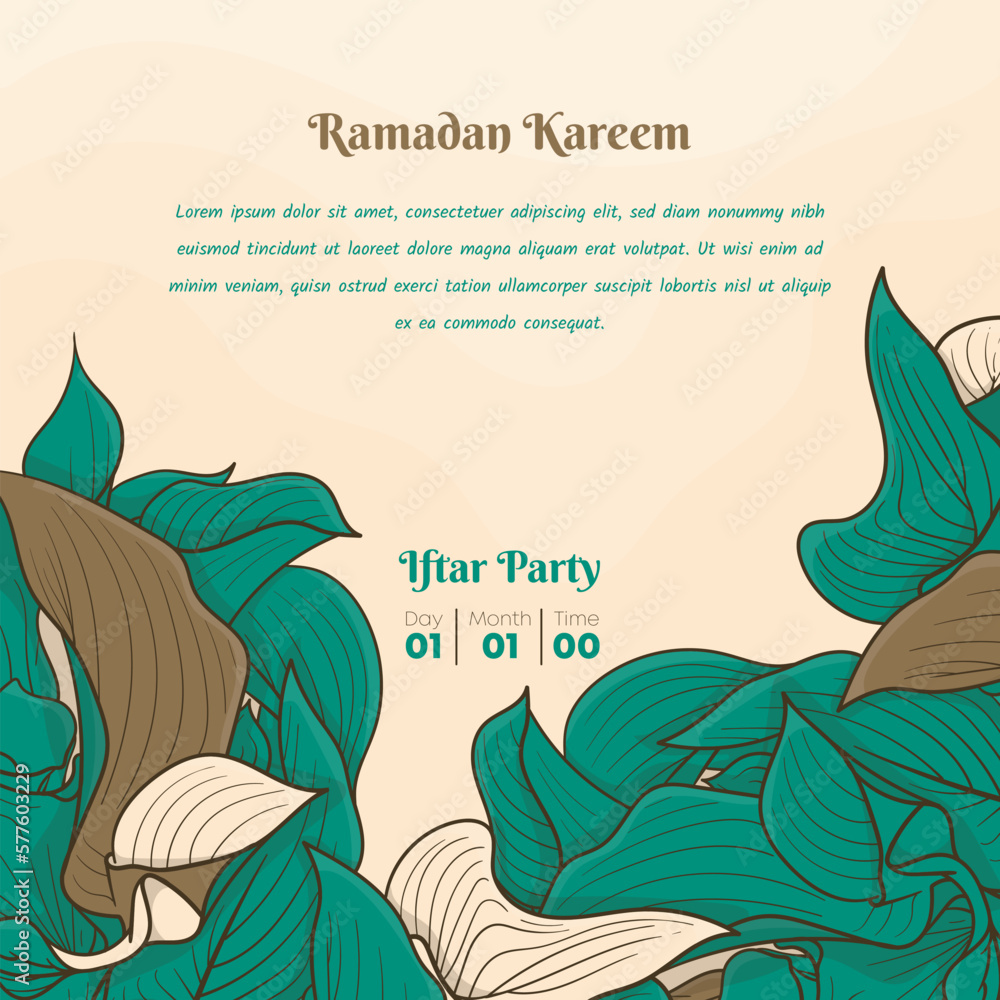 Wall mural Ramadan kareem template with green leaves illustration in hand drawn design