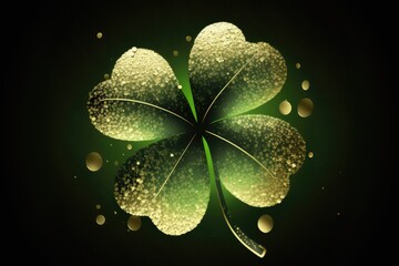 St Patrick's day four-leaf clover with gold glitter. Generative AI.