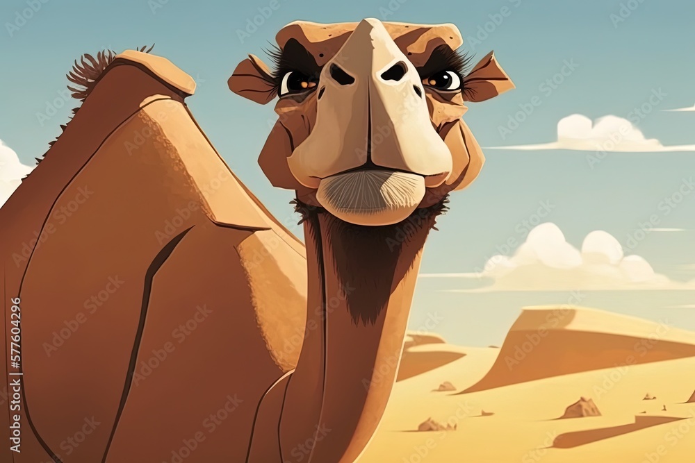 Poster zooming in on a camel in the zoo during the daylight is a close-up photo of this unique animal. gene