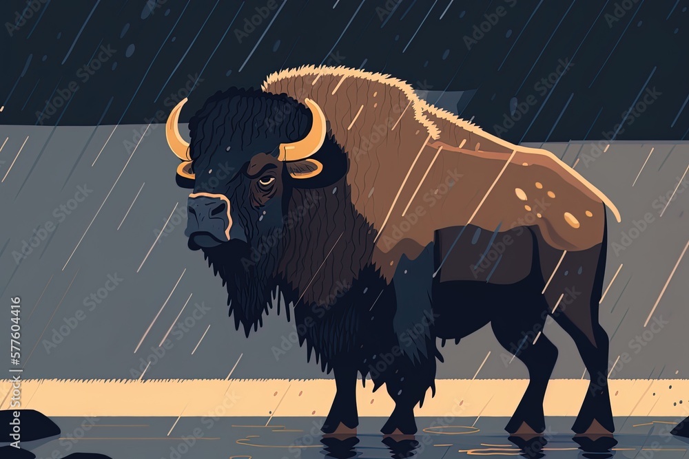 Poster image of a standing buffalo in the rain generative ai
